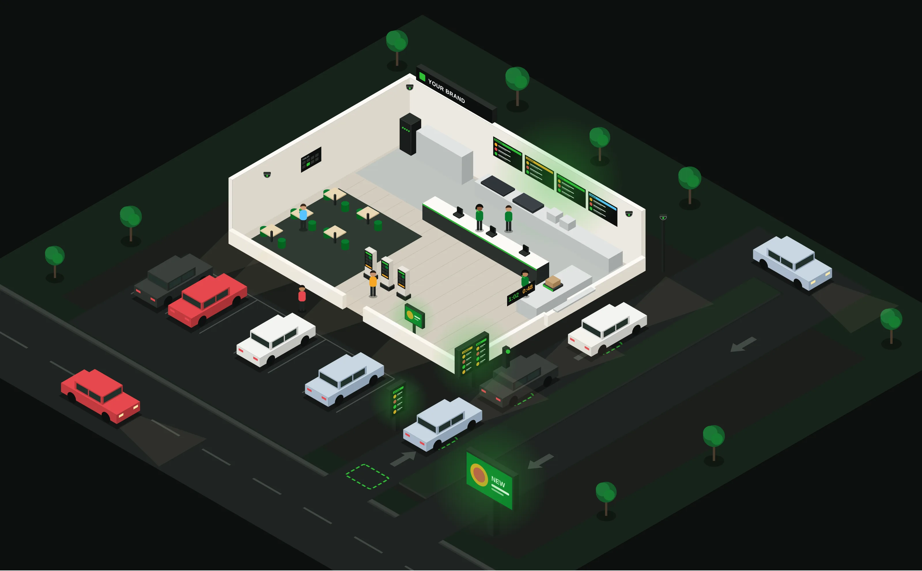 Drawing of a new drive-thru restaurant from above, with every system fitted
