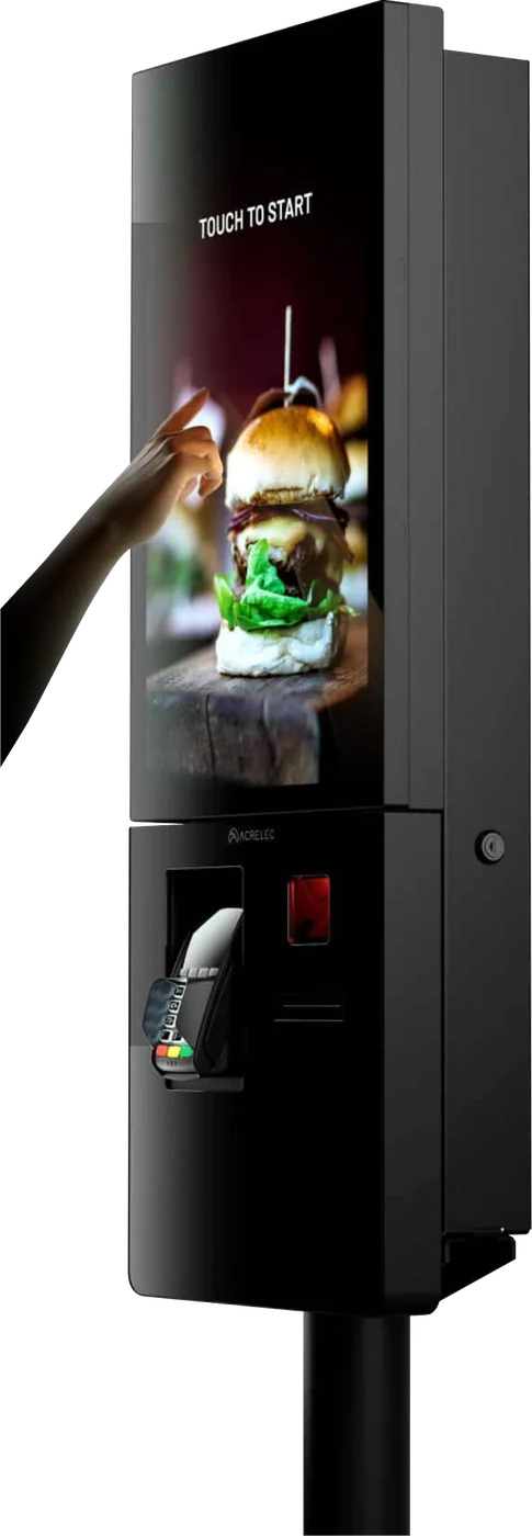 A guest tapping an item on a self-order kiosk