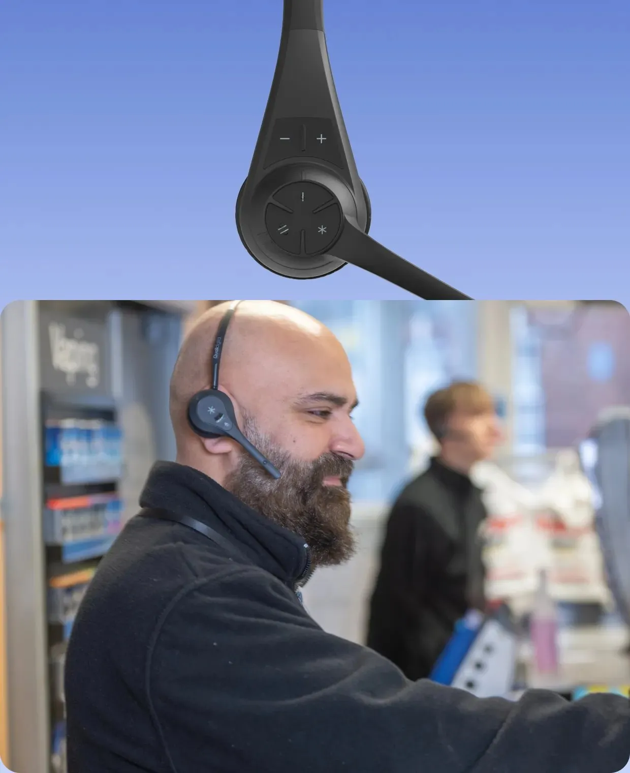 A crew member at work wearing a headset