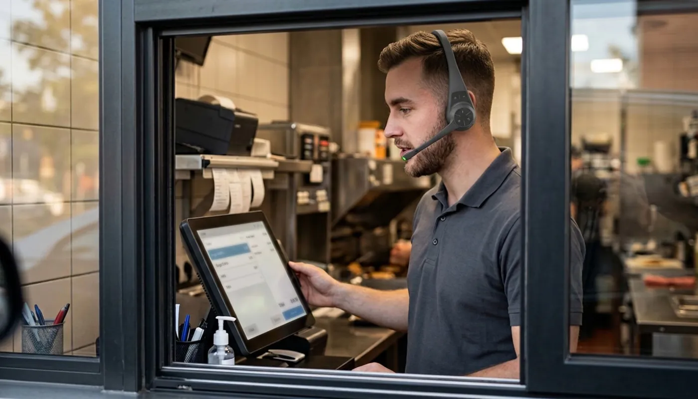 A crew member wearing a Pro9 headset at the drive-thru window