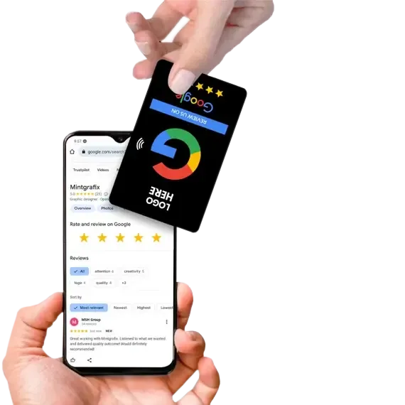 A review card tapped with a phone