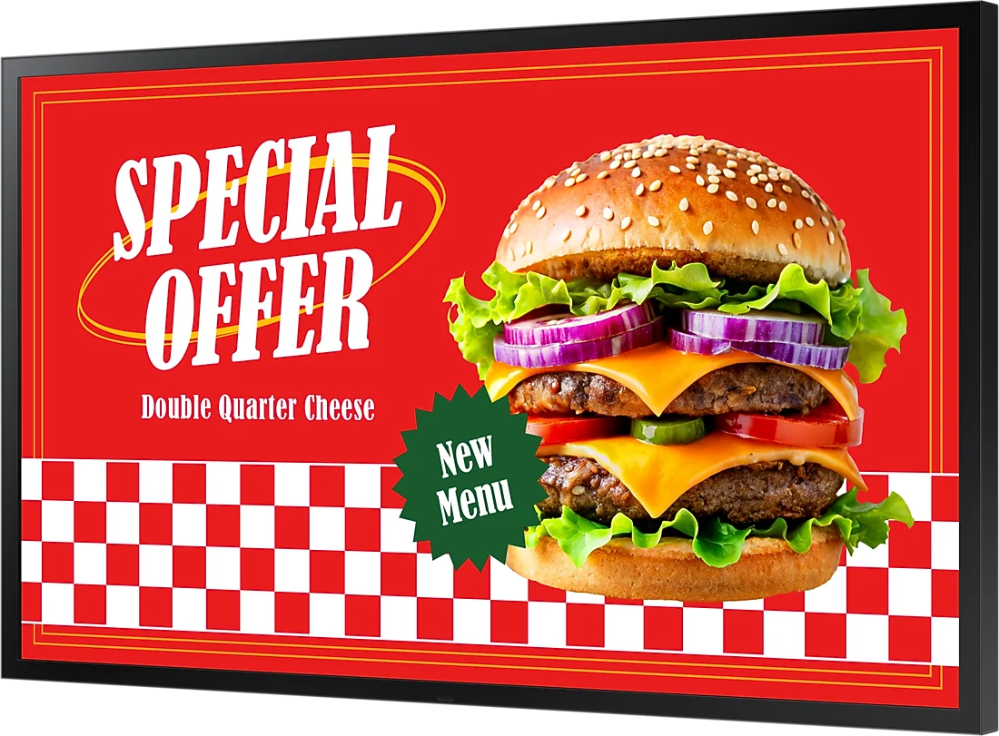 Samsung OH outdoor display showing a burger offer
