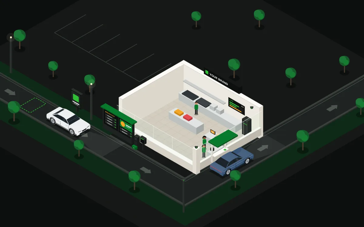 Illustration of a drive-thru lane at night with a car at the menu board and another at the window