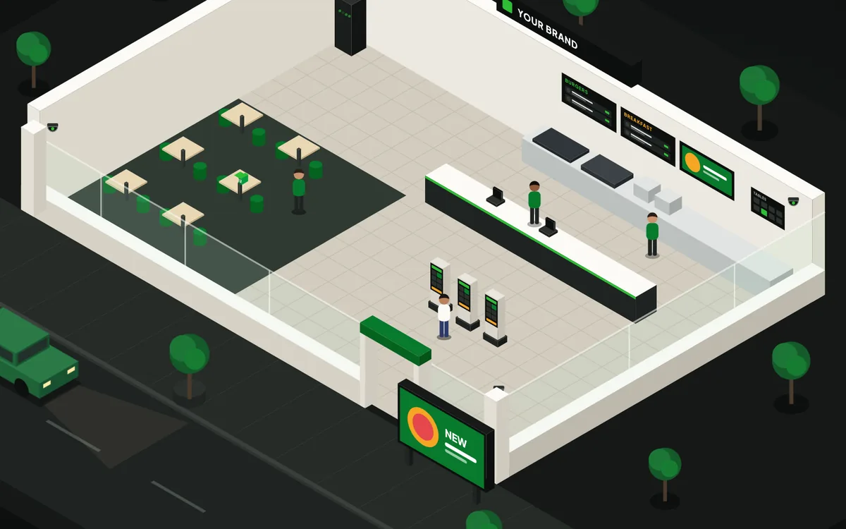 Illustration of a restaurant at night with kiosks, menu boards and a dining area